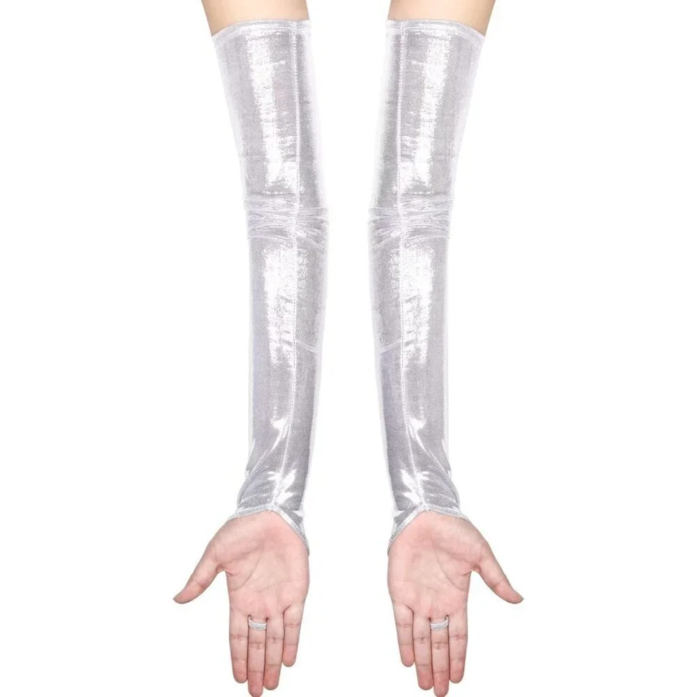 Women's Silver Shiny Elastic Satin Rave Fingerless Long Gloves Party Costume